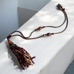Copper Tone Necklace Chain and Tassel Pendant Faceted Acrylic Amber Color Beads